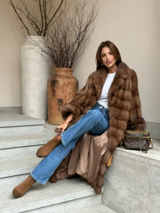 Стильное пальто из меха соболиной норки - цвет соболь - фото 7