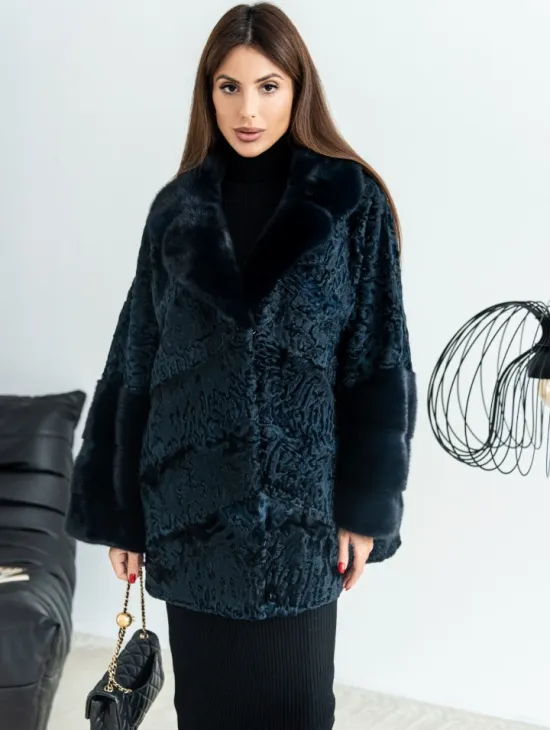 Полушубок из каракульчи свободного кроя с отделкой из меха норки - цвет темно-синий - фото 1