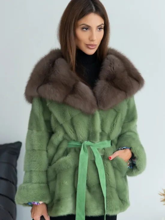 Пончо норковое с капюшоном куница - цвет оливковый - фото 1