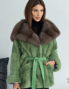 Пончо норковое с капюшоном куница - цвет оливковый - фото 1