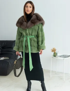 Пончо норковое с капюшоном куница - цвет оливковый - фото 4