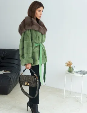 Пончо норковое с капюшоном куница - цвет оливковый - фото 3