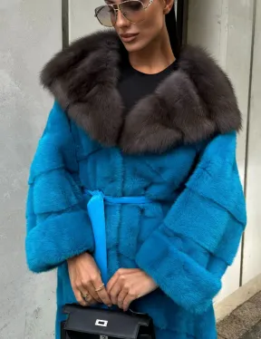 Шуба норковая с капюшоном из меха куницы - цвет тиффани - фото 3