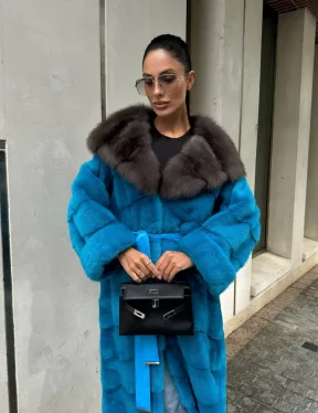 Шуба норковая с капюшоном из меха куницы - цвет тиффани - фото 12