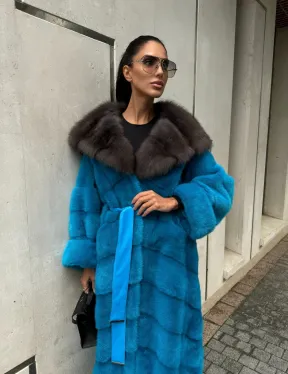 Шуба норковая с капюшоном из меха куницы - цвет тиффани - фото 11