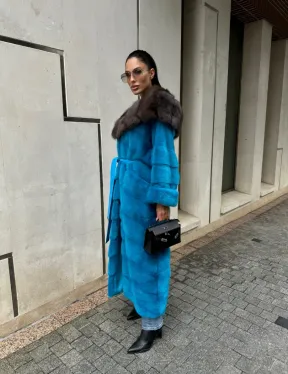 Шуба норковая с капюшоном из меха куницы - цвет тиффани - фото 14