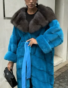 Шуба норковая с капюшоном из меха куницы - цвет тиффани - фото 2