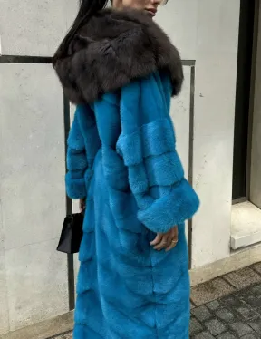 Шуба норковая с капюшоном из меха куницы - цвет тиффани - фото 6