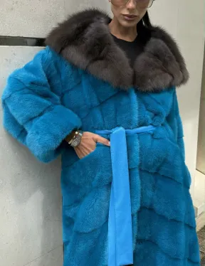 Шуба норковая с капюшоном из меха куницы - цвет тиффани - фото 1