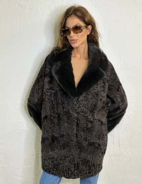 Кимоно каракульча английский воротник паркет - коричневый - фото 4