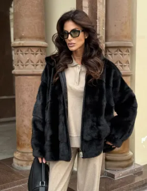 Черная норковая шуба с капюшоном - фото 9