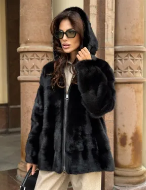 Черная норковая шуба с капюшоном - фото 7