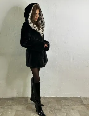 Черная норковая шуба, капюшон с принтом Louis Vuitton - фото 5