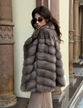 Элегантная шуба из меха куницы - серый трюфель - фото 11