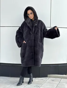 Норковая шуба паркет с капюшоном - цвет блю ирис - фото 6