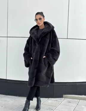 Норковая шуба паркет с капюшоном - цвет блю ирис - фото 13
