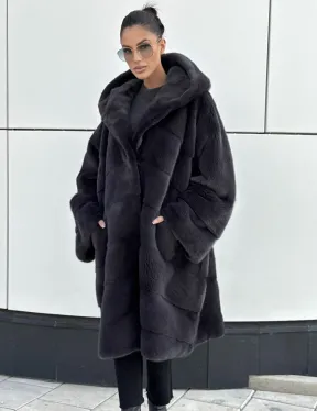 Норковая шуба паркет с капюшоном - цвет блю ирис - фото 0