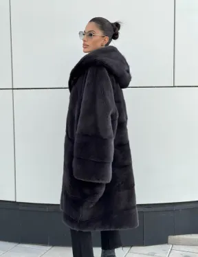 Норковая шуба паркет с капюшоном - цвет блю ирис - фото 3