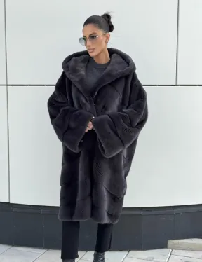 Норковая шуба паркет с капюшоном - цвет блю ирис - фото 2