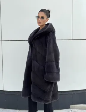 Норковая шуба паркет с капюшоном - цвет блю ирис - фото 4