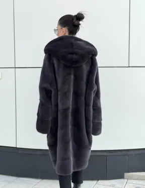 Норковая шуба паркет с капюшоном - цвет блю ирис - фото 7