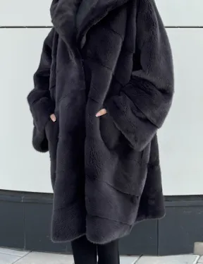 Норковая шуба паркет с капюшоном - цвет блю ирис - фото 1