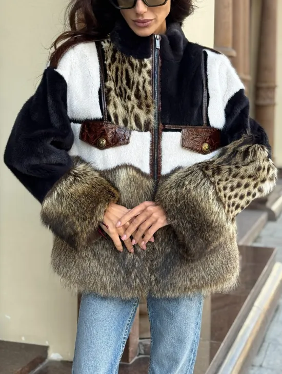 Комбинированная курточка из меха норки и енота - цвет графит - фото 4