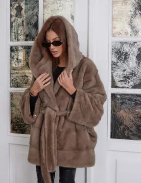 Палевая летучая мышь мех норка с капюшоном - NAFA MILK - фото 1