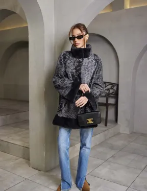 Шуба каракульча стойка воротник норка - цвет графит - фото 4