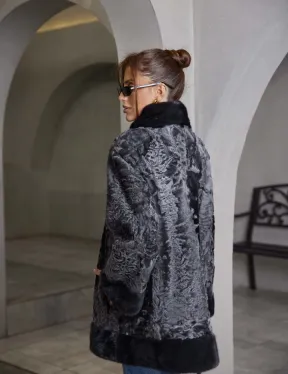 Шуба каракульча стойка воротник норка - цвет графит - фото 3