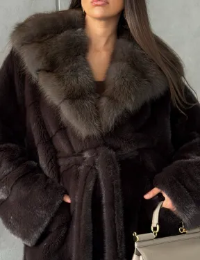Шуба норковая с капюшоном из меха куницы - цвет уголь - фото 1
