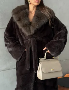 Шуба норковая с капюшоном из меха куницы - цвет уголь - фото 2