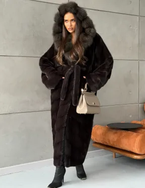 Шуба норковая с капюшоном из меха куницы - цвет уголь - фото 4
