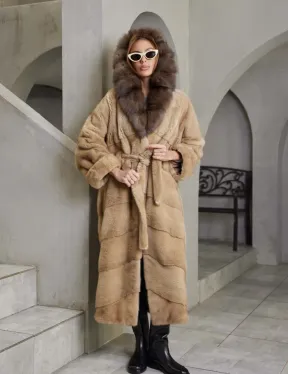 Длинная норковая шуба кимоно, карамель капюшон куница - фото 0