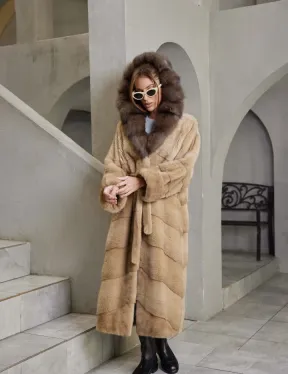 Длинная норковая шуба кимоно, карамель капюшон куница - фото 3