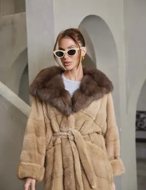 Длинная норковая шуба кимоно, карамель капюшон куница - фото 2