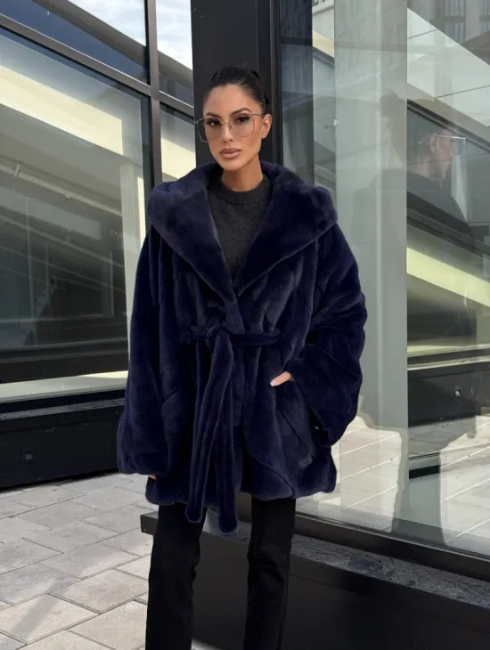 Шуба летучая мышь с капюшоном цвет аквамарин - паркетная раскладка - фото 12