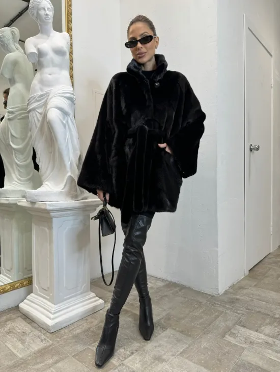 Шуба летучая мышь мех NAFA , стойка воротник - цвет черный бриллиант - фото 7