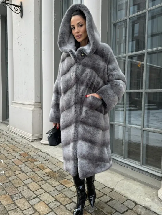 Шуба норковая с капюшоном, паркет - цвет графит-хамелеон - фото 0