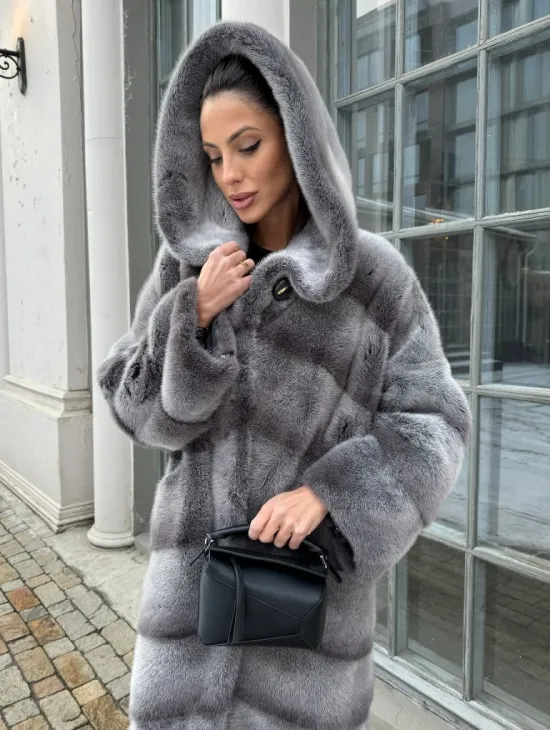 Шуба норковая с капюшоном, паркет - цвет графит-хамелеон - фото 2