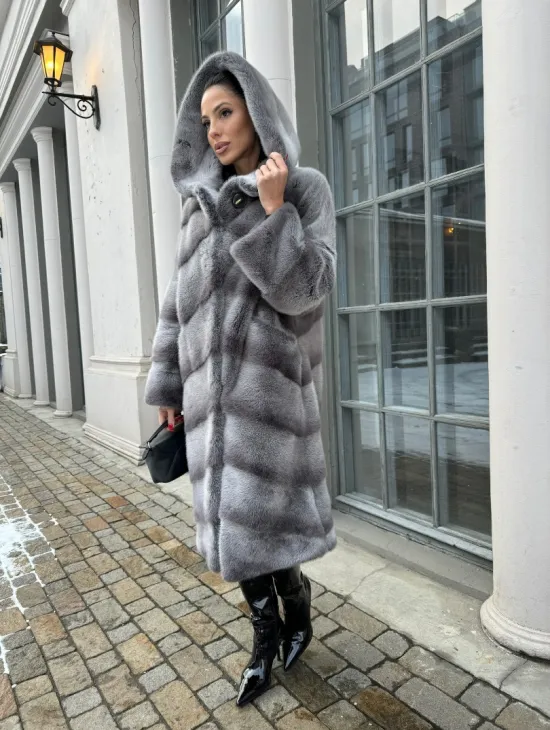 Шуба норковая с капюшоном, паркет - цвет графит-хамелеон - фото 4