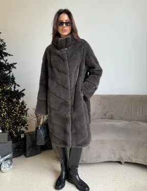 Норковая шуба стойка воротник - цвет графит - фото 0