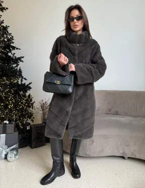 Норковая шуба стойка воротник - цвет графит - фото 4