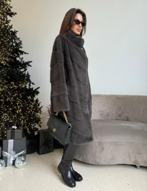 Норковая шуба стойка воротник - цвет графит - фото 5