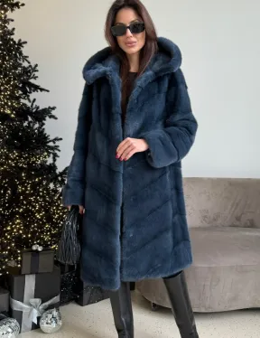 Норковая шуба с капюшоном, паркет - синего цвета - фото 2
