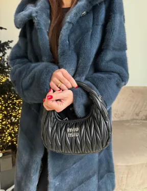 Норковая шуба с капюшоном, паркет - синего цвета - фото 1