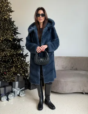 Норковая шуба с капюшоном, паркет - синего цвета - фото 0