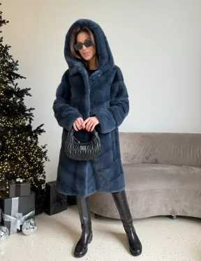 Норковая шуба с капюшоном, паркет - синего цвета - фото 4
