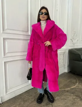 Норка кимоно с капюшоном, паркет - цвет фуксия - фото 2