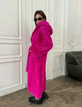 Норка кимоно с капюшоном, паркет - цвет фуксия - фото 5